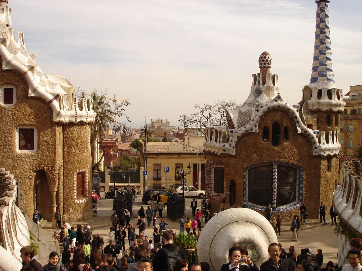 Gaudí entrance buildings and terrace at Park Güell in Barcelona